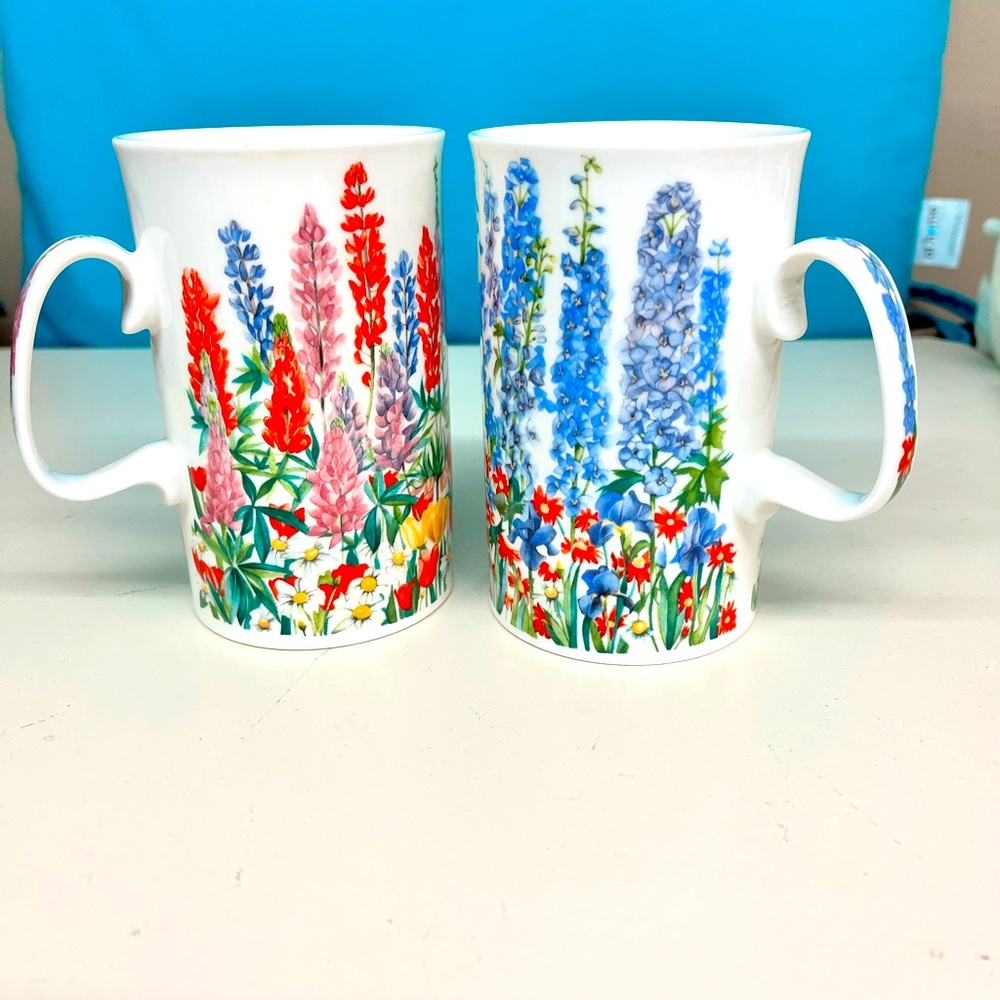 #J—- PAIR DUNOON GLYNDEBOURNE DESIGNED BY HELEN SANDIFORD MUGS (2)